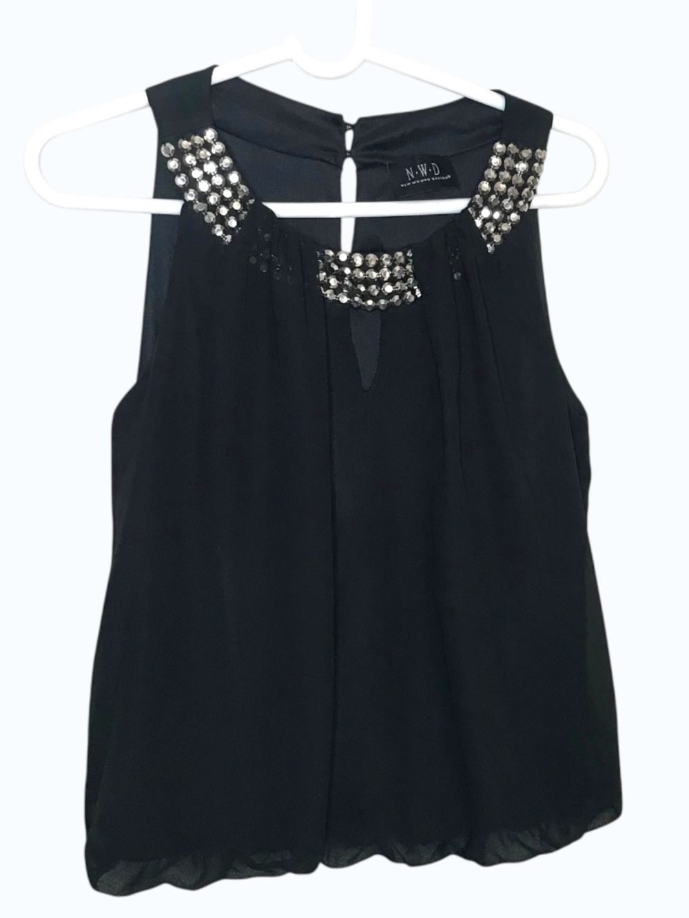 N.W.D Black Embellished Sleeveless Blouse Beaded Chiffon Party Top